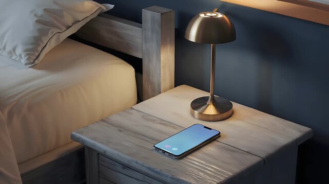 Phone screen with unknown caller on bedside table in cozy bedroom  