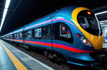 Naklejka premium Modern blue and yellow passenger train arriving at underground station with sleek design and bright lighting