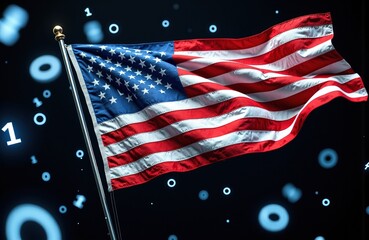 The American flag waving in front of a digital background with binary code and glowing circles