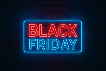 Neon Black Friday sign on brick wall—perfect for sale ads, ecommerce banners, and retail promotions.