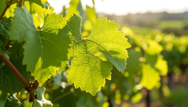 Lush vineyard leaves bathed in sunlight