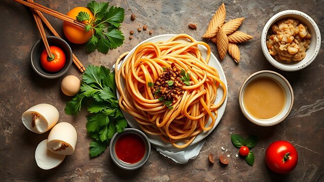 Asian ingredients beautifully arranged on a rustic stone surface, showcasing culinary diversity and warmth.