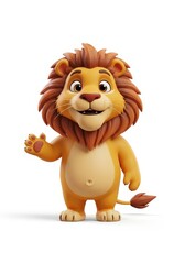 Obraz premium Cartoon lion with golden-brown mane & fur, waving cheerfully against a plain white background