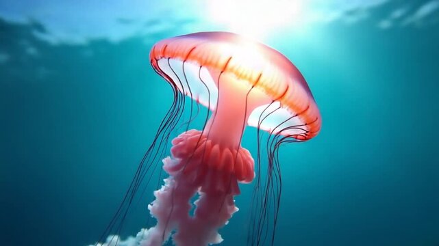 Big jellyfish in the Sea, Rhizostoma pulmo, Rhizostomatidae, floating in the water. Clear azure water surface with sun glare. Abstract nautical nature, slow motion