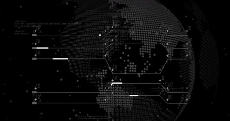 3D globe emerging; extending lines; forming overlay; scrolling code; rotating, visualizing data - Powered by Adobe