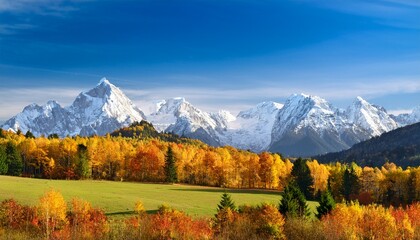 scenic autumn landscape with snowcapped mountains in the background