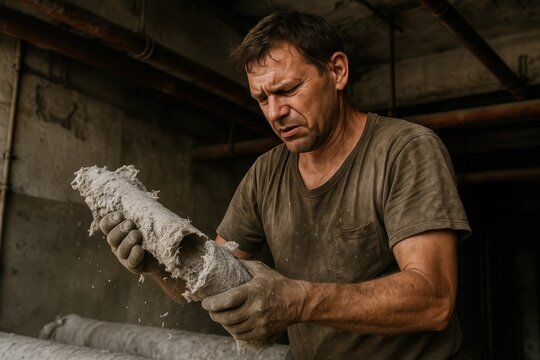 Construction worker exposed to hazardous asbestos materials highlighting industrial safety concerns