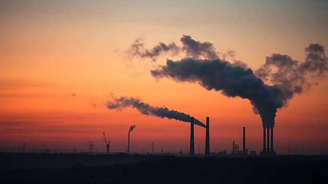 Industrial smokestacks releasing dense smoke at dusk, creating a hazy atmospheric landscape with muted colors.