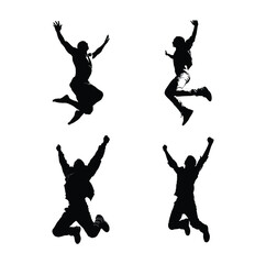 Four silhouettes of people jumping with arms raised in celebration on a white background showcasing joy and success