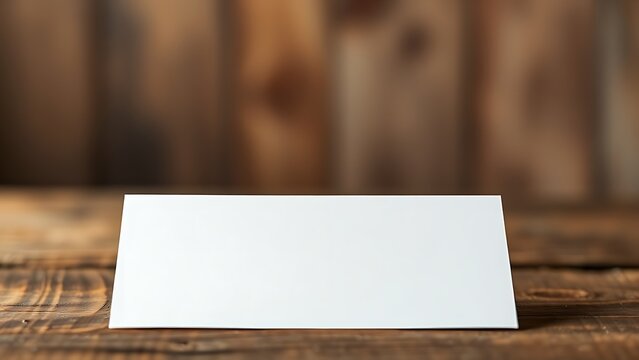 Blank greeting card resting on a rustic wooden surface with warm ambient light.