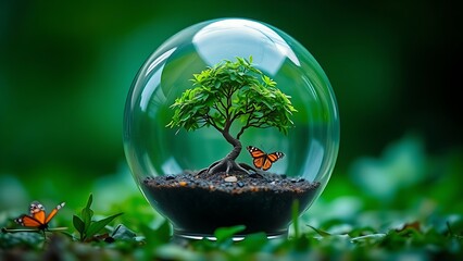 A glass orb containing a miniature tree and butterfly on a green background, representing ecological balance.