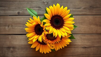 Sunflower bouquet on a rustic wooden surface with warm directional lighting.