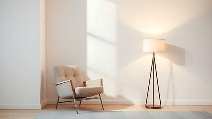 A minimalist living room corner featuring a modern armchair and floor lamp in neutral tones.