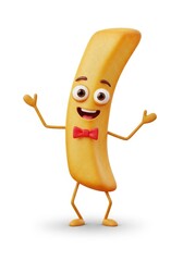 Cheerful cartoon French fry character standing with hands raised, wearing a red bow tie on white background