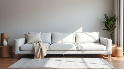 Fototapeta premium A contemporary sofa in neutral tones, showcasing elegant and cozy living space aesthetics.