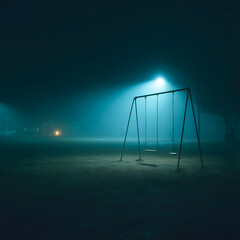 Lone Figure Walking Down a Dark, Foggy Street Under a Single Lamppost