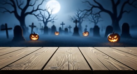 Empty wooden surface with a scary Halloween background featuring a graveyard, glowing pumpkins, and a full moon at night. For product placement, mockup