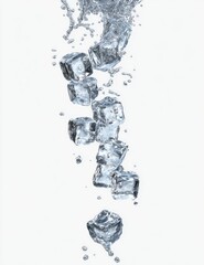 Ice cubes falling through water, creating splashes and bubbles
