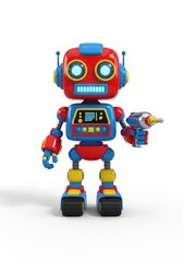 Fototapeta premium Colorful cartoon robot figure with a drill, isolated on a white background, casting a shadow