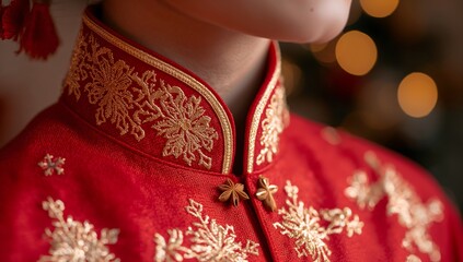 Close-up of intricately embroidered red silk traditional chinese wedding attire