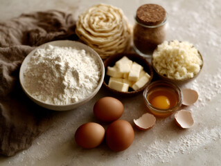 Fototapeta premium Natural Baking Ingredients Including Flour, Eggs, and Nuts on a Wooden Table