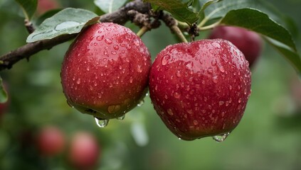 Obraz premium Two red apples covered in water droplets hanging from a branch fresh and ripe