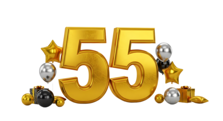 Festive Golden Number 55 with Gifts and Balloons