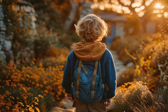 Jeune gar&ccedil;on avec sac &agrave; dos rentrant chez lui apr&egrave;s l&rsquo;&eacute;cole dans une ambiance douce d&rsquo;&eacute;t&eacute; indien au coucher du soleil