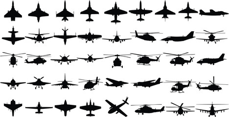 Aircraft silhouettes, fighter jets, helicopters, transport planes, delta wings, twin tails, flying machines, aviation technology, aircraft profiles, silhouette