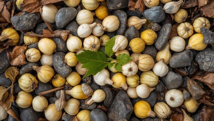 Overhead view of vibrant collection of seeds and pebbles with a green leaf centerpiece