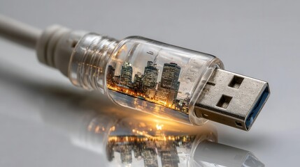USB Connector with Cityscape Reflection and Bright Lights Inside