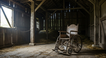An old wheelchair sits inside a weathered, rustic barn with hay on the floor.