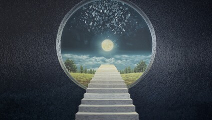 Surreal circular portal opens to dreamlike landscape with glowing orb and stairway