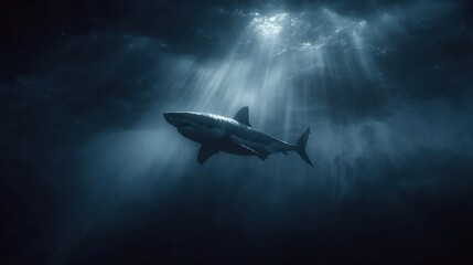 Naklejka premium A Majestic Great White Shark Swimming Gracefully in the Deep Blue Sea with Rays of Sunlight Piercing Through the Water