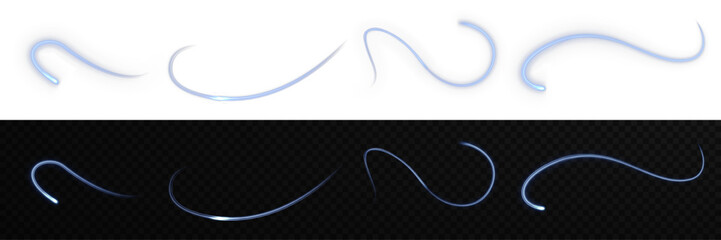 Luminous blue laser streak with glowing blur and motion trail isolated on transparent background. Futuristic speed effect for abstract decoration, poster banner design, or technology background.