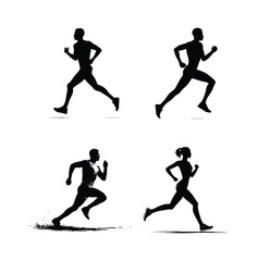 Silhouetted runners in motion depicting various running styles and body types in a monochrome format