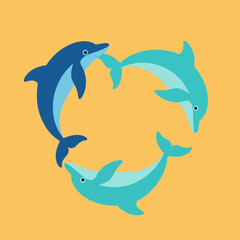 Naklejka premium Three dolphins form a heart shape on a yellow background.