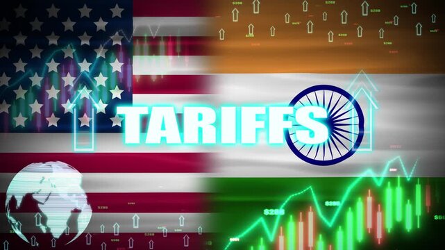 Tariffs increase animation with digital elements, India and usa waving flags. Trade war policy between usa and india concept digital animation.