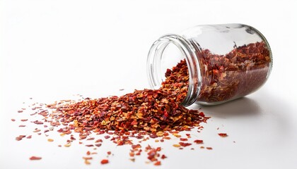 spilled red pepper flakes from glass jar on white background