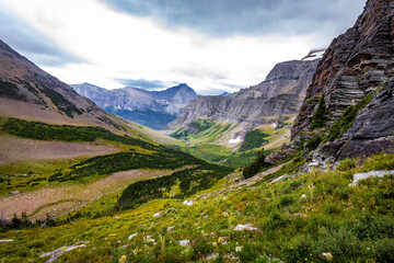 Panoramic view of Glacier National Park from Siyeh Pass Trail