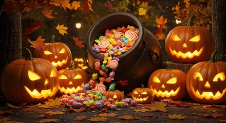 Scary carved pumpkin with a spooky face, cauldron of candy, a classic Halloween pumpkin decoration for the fall holiday