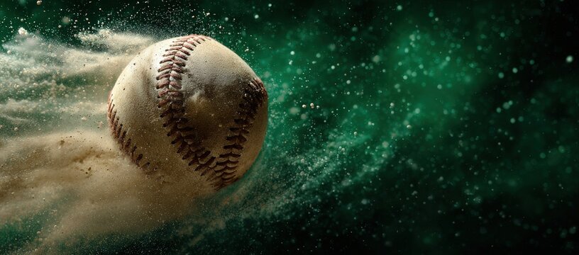 Baseball in motion, dust and dark green background