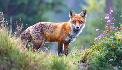 Obraz premium Red fox amidst wildflowers