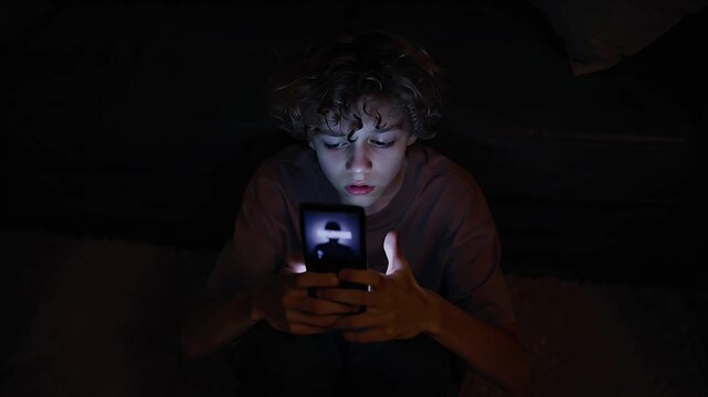 Boy looking at phone screen with unknown caller in dark room  