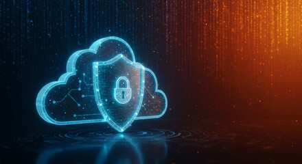 Conceptual 3D rendering of cybersecurity and data protection, a shimmering digital shield protecting a cloud database from cyber threats, with binary code rain in the background, vibrant blue and oran