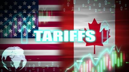 Usa and canada Trade war concept with tariffs word, digital elements and waving flags. Concept of trade policy between Canada and usa - Powered by Adobe