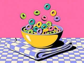 Colorful ring-shaped cereal pouring into a yellow bowl on a folded checkered napkin breakfast food