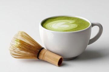 Matcha Latte art in a cup with whisk on white background