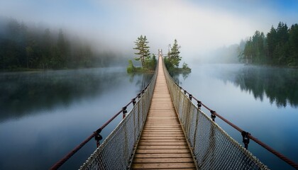 Obraz premium foggy rope bridge misty lake journey uncertainty