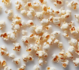 Light-colored popcorn kernels scattered evenly on a white surface